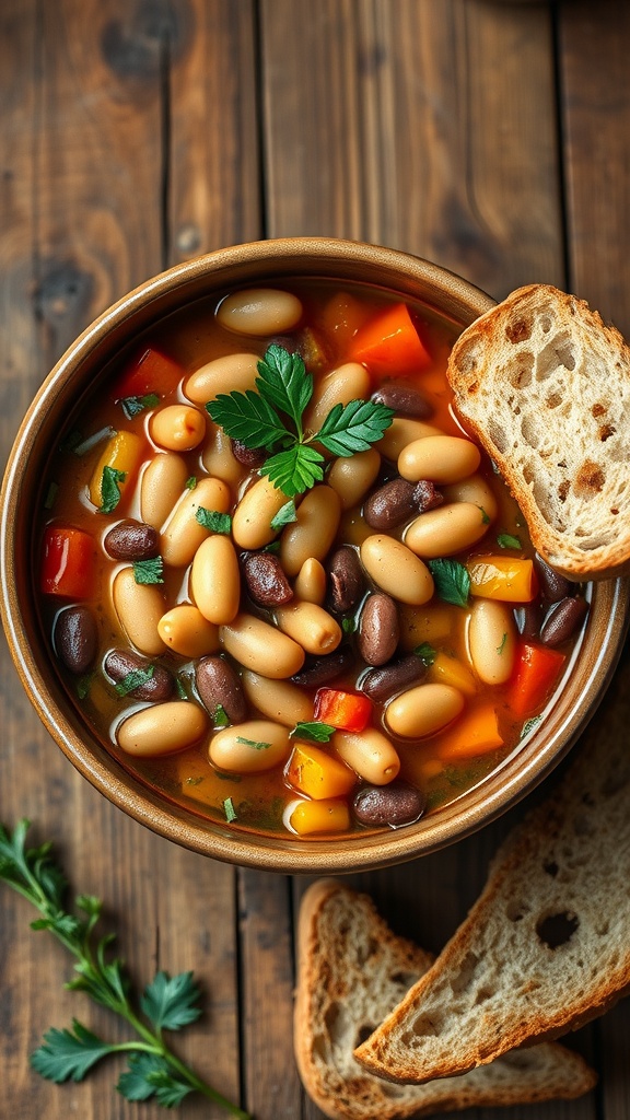 A bowl of five-bean soup with mixed beans, vegetables, and parsley, served with bread on a wooden table.